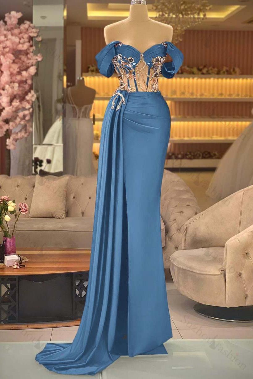 Off the Shoulder Royal Blue Prom Dress Beaded Sleeveless Evening Formal Dress With Split