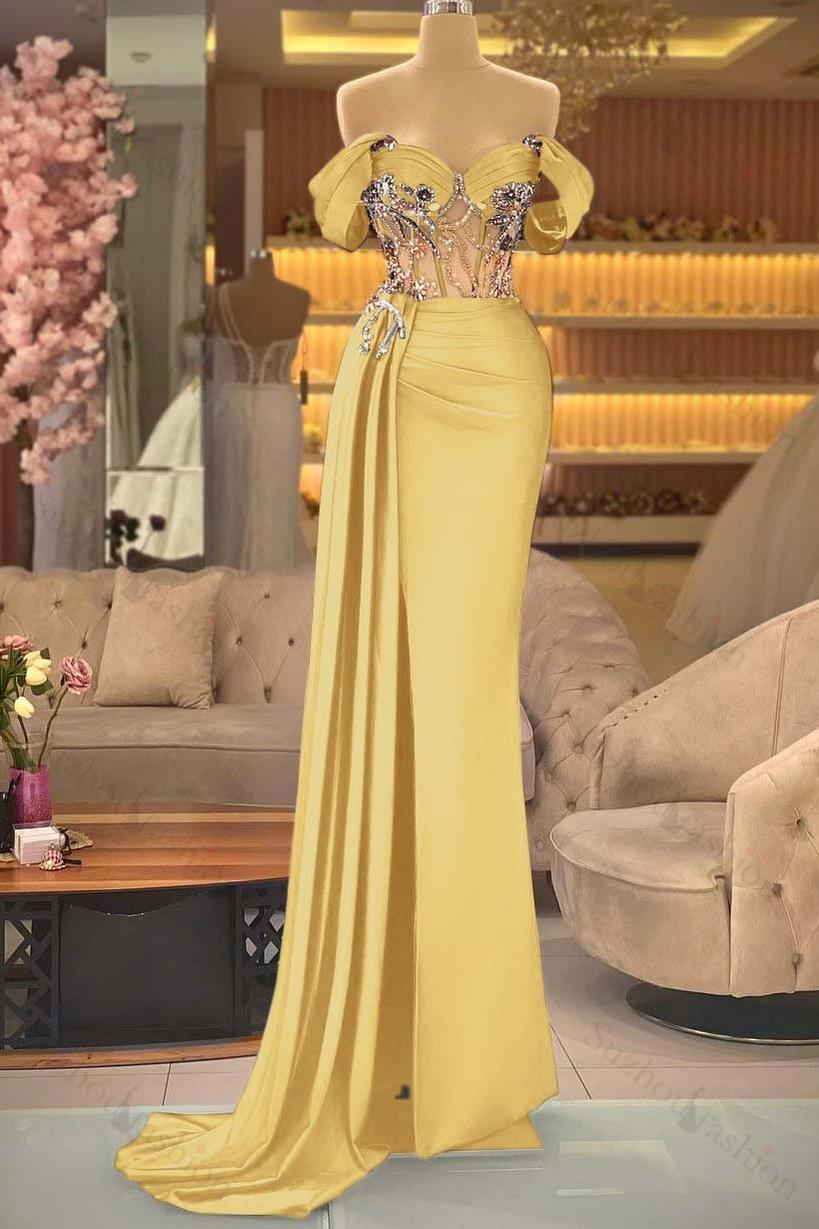 Off the Shoulder Royal Blue Prom Dress Beaded Sleeveless Evening Formal Dress With Split