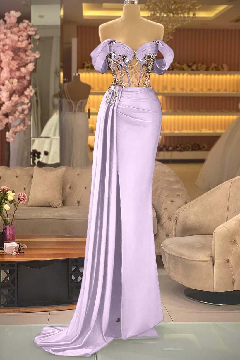 Off the Shoulder Royal Blue Prom Dress Beaded Sleeveless Evening Formal Dress With Split