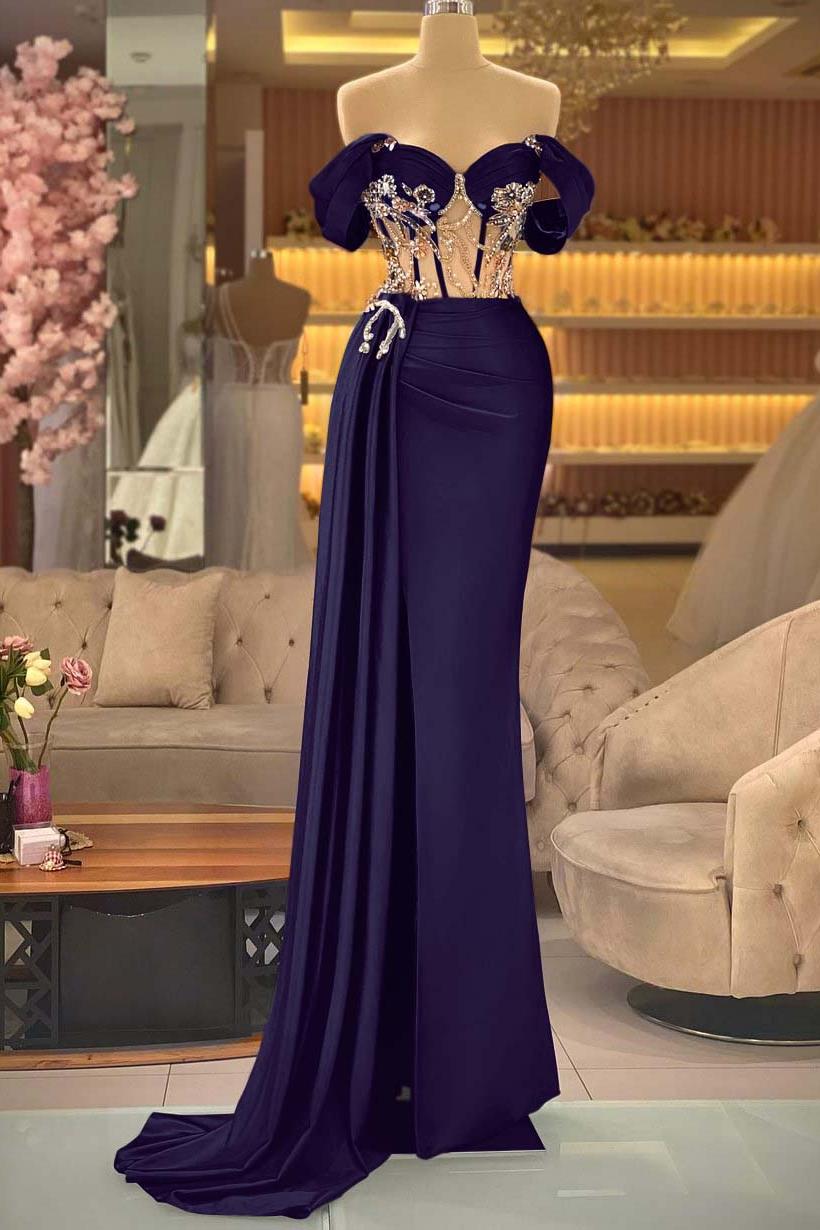 Off the Shoulder Royal Blue Prom Dress Beaded Sleeveless Evening Formal Dress With Split