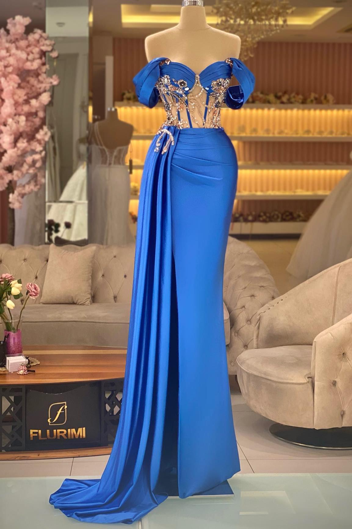 Off the Shoulder Royal Blue Prom Dress Beaded Sleeveless Evening Formal Dress With Split
