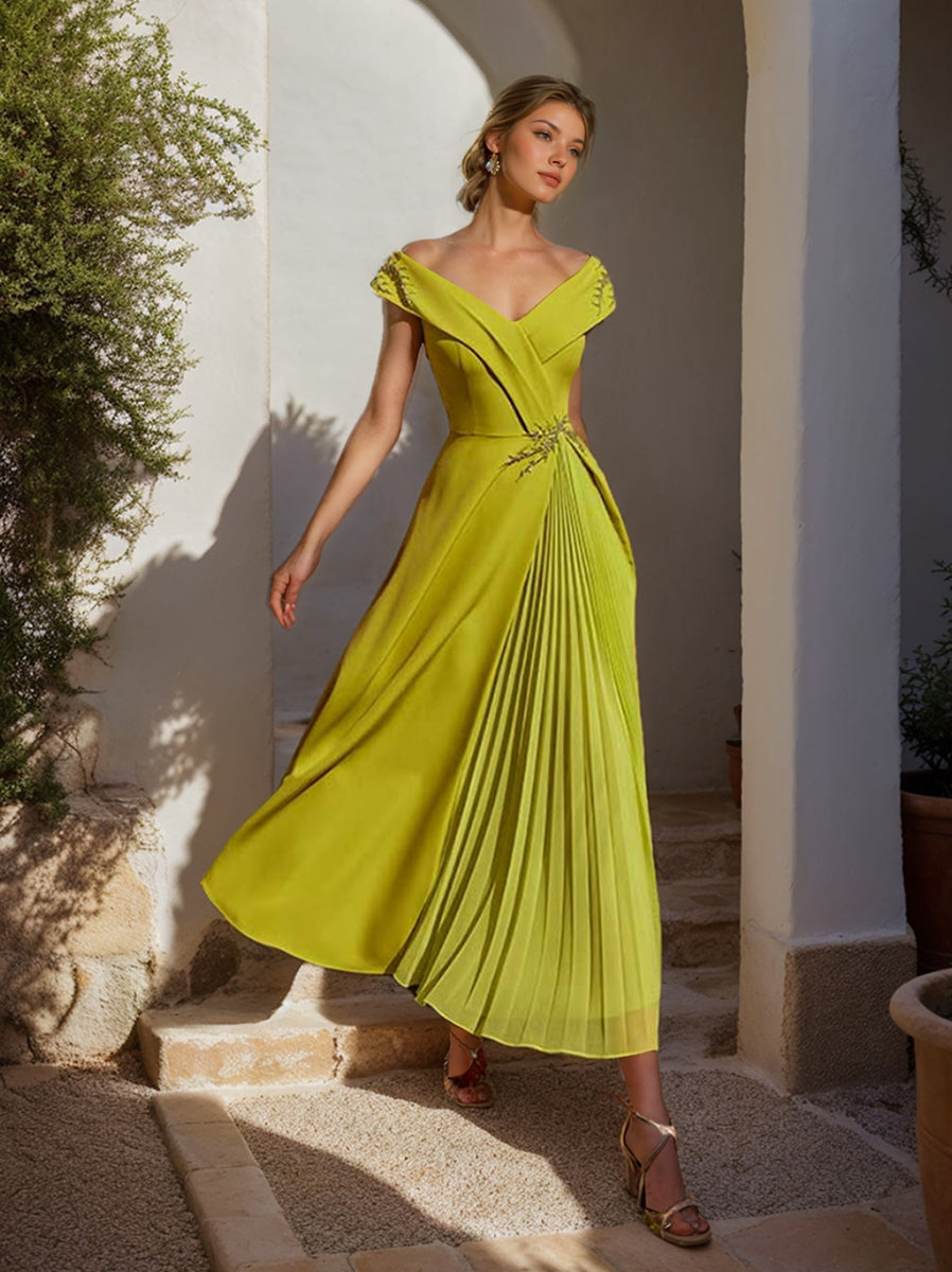 Off the Shoulder Ruffled Sleeveless A Line Dress for Mother of the Bride & Groom