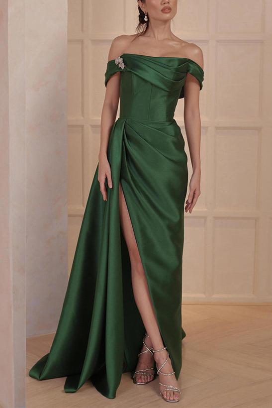 Off the Shoulder Satin A Line Mother of the Bride Dress with Side Split