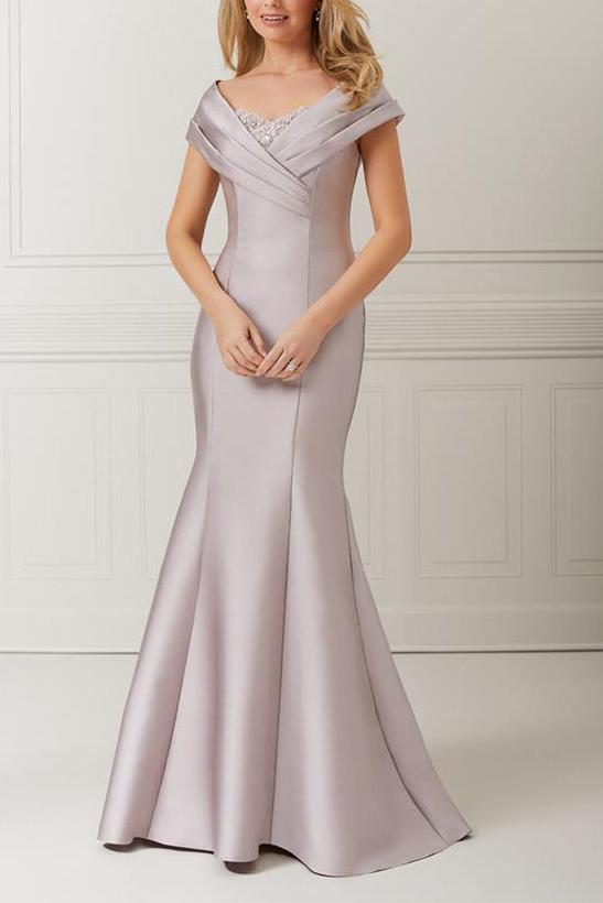 Off the Shoulder Satin Mother of the Bride Trumpet Mermaid Dress Featuring Applique & Beading
