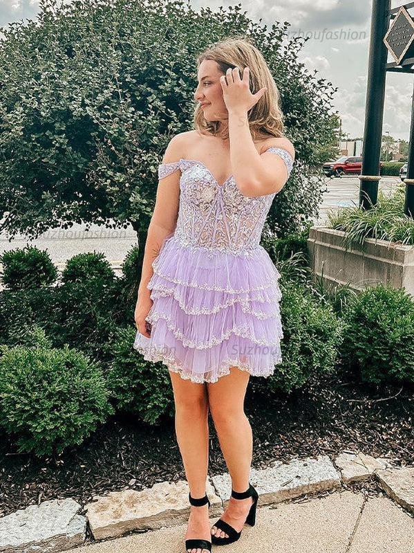 Suzhoufashion Off the Shoulder Sequin Ruffle Short Homecoming Dress