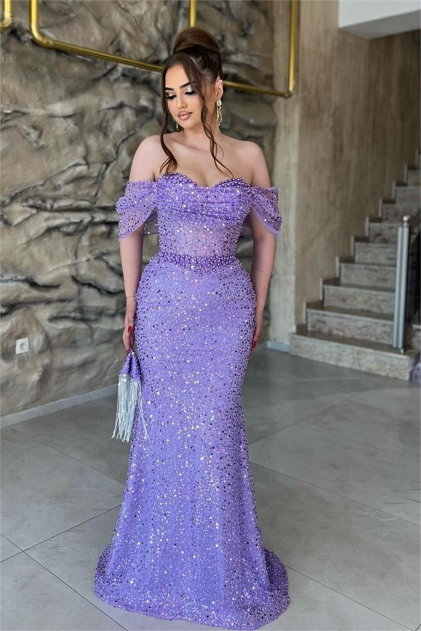 Off the Shoulder Sequined Sweetheart Mermaid Long Evening Formal Dress With Beadings
