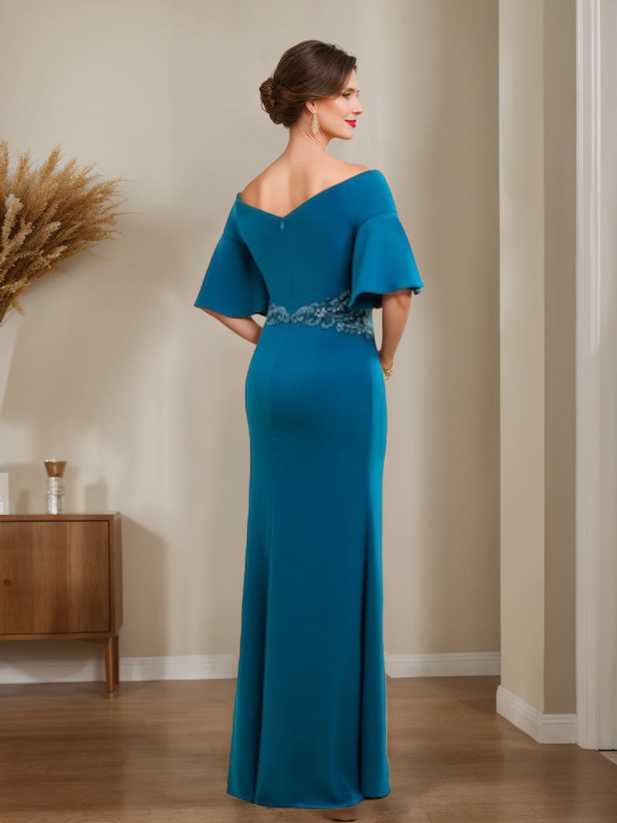 Off the Shoulder Sheath Column Dress for Mothers of the Bride & Groom with Appliques and Side Split