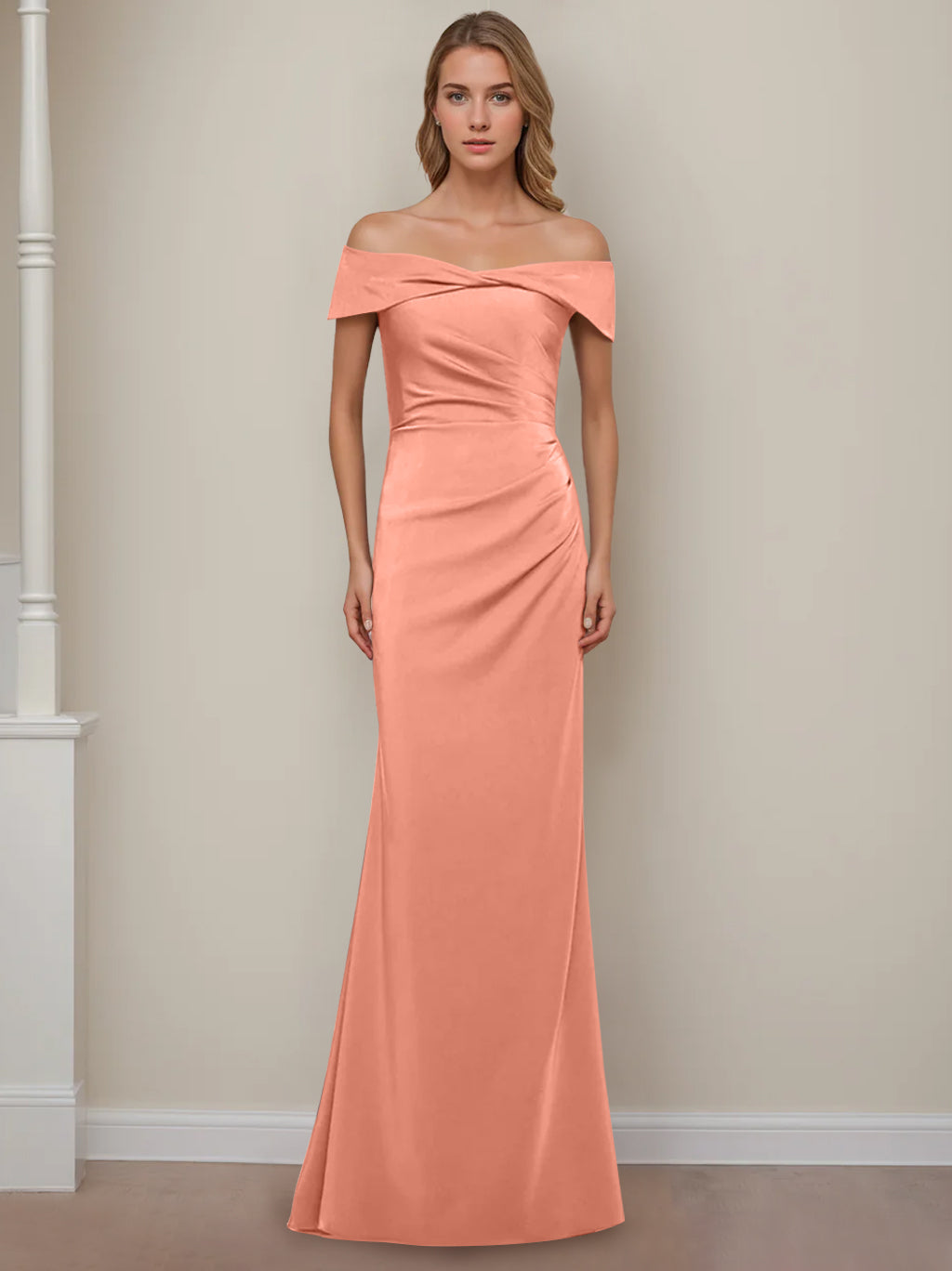 Off the Shoulder Short Sleeve Long Mother of the Bride Dress with Ruffles in Sheath Column Style