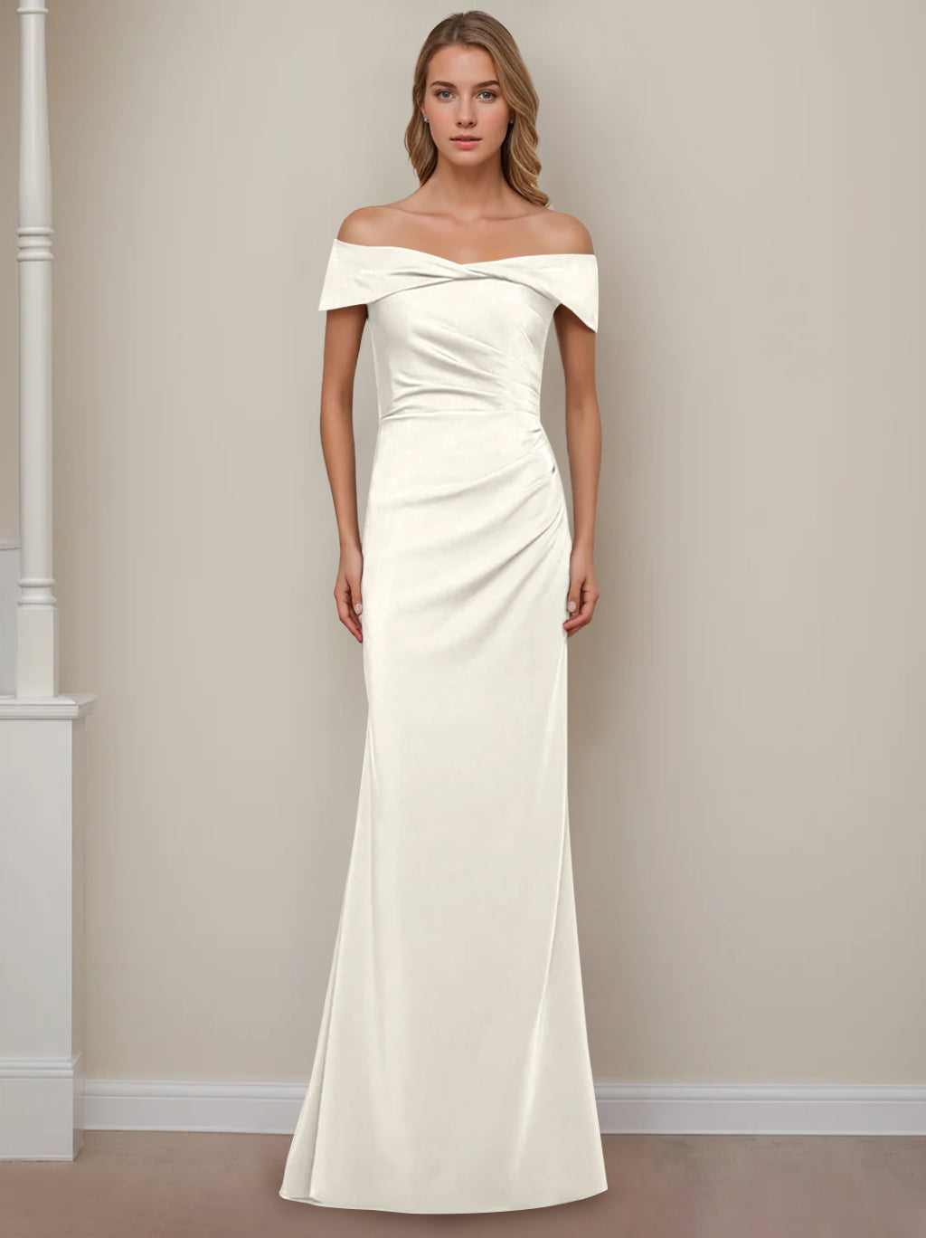 Off the Shoulder Short Sleeve Long Mother of the Bride Dress with Ruffles in Sheath Column Style