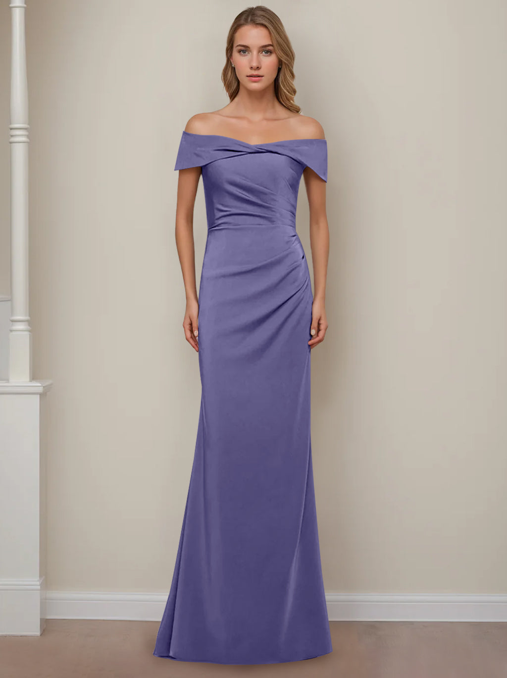 Off the Shoulder Short Sleeve Long Mother of the Bride Dress with Ruffles in Sheath Column Style