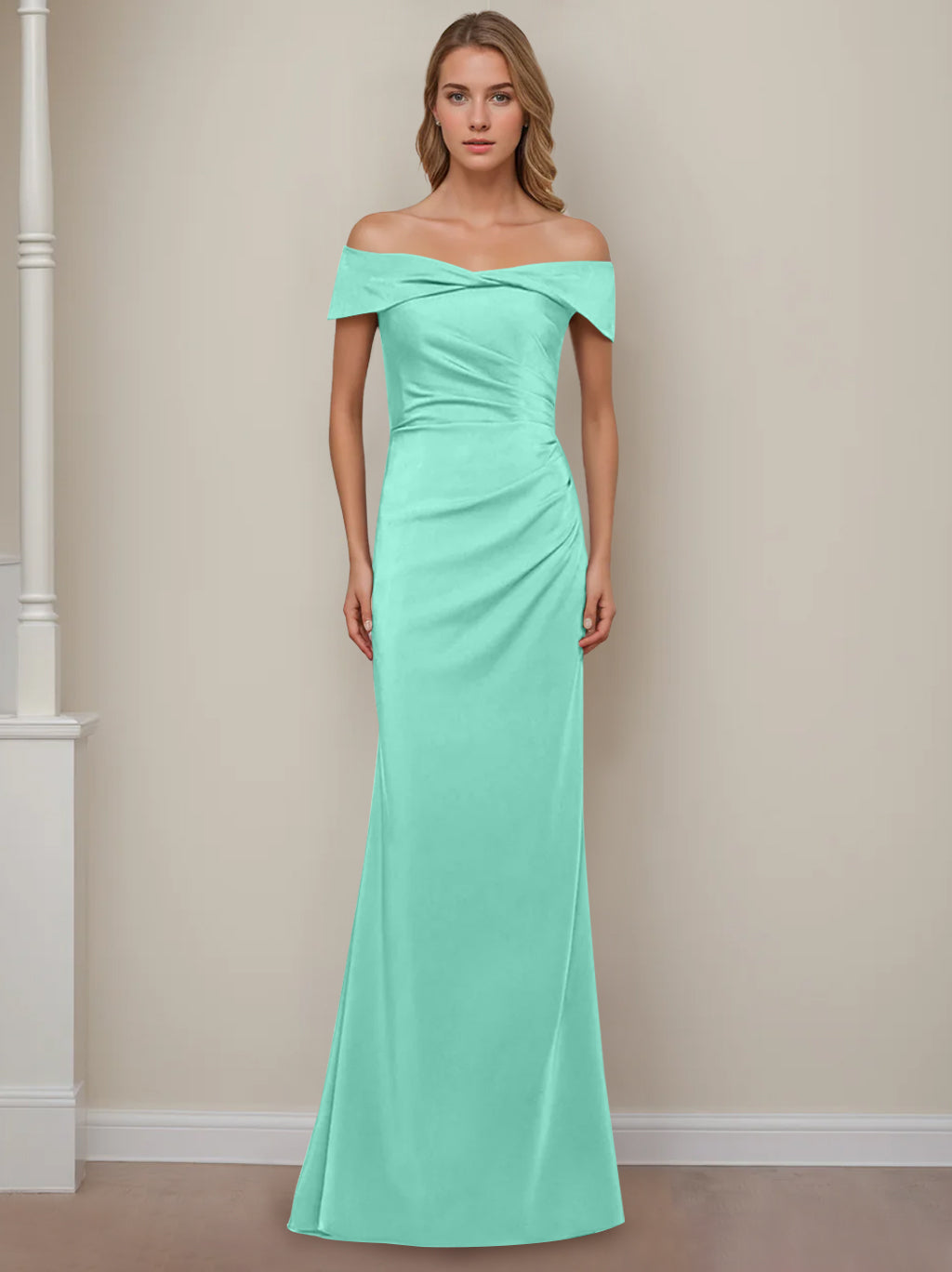 Off the Shoulder Short Sleeve Long Mother of the Bride Dress with Ruffles in Sheath Column Style
