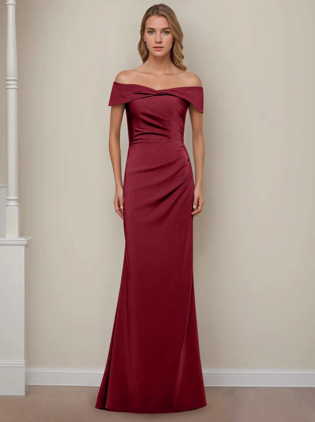 Off the Shoulder Short Sleeve Long Mother of the Bride Dress with Ruffles in Sheath Column Style