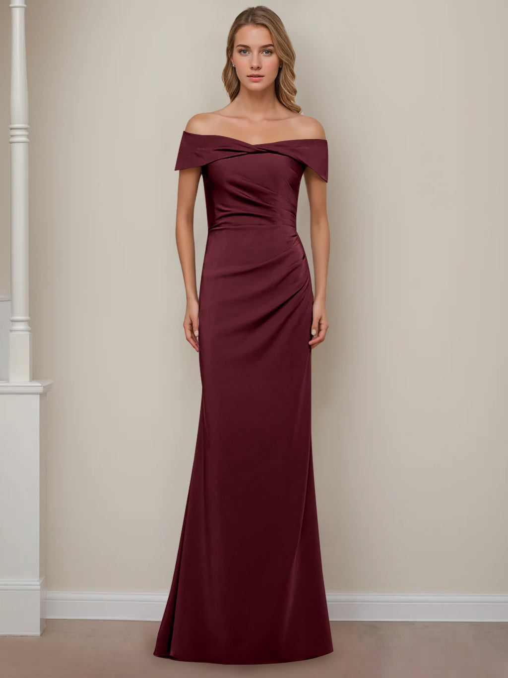 Off the Shoulder Short Sleeve Long Mother of the Bride Dress with Ruffles in Sheath Column Style