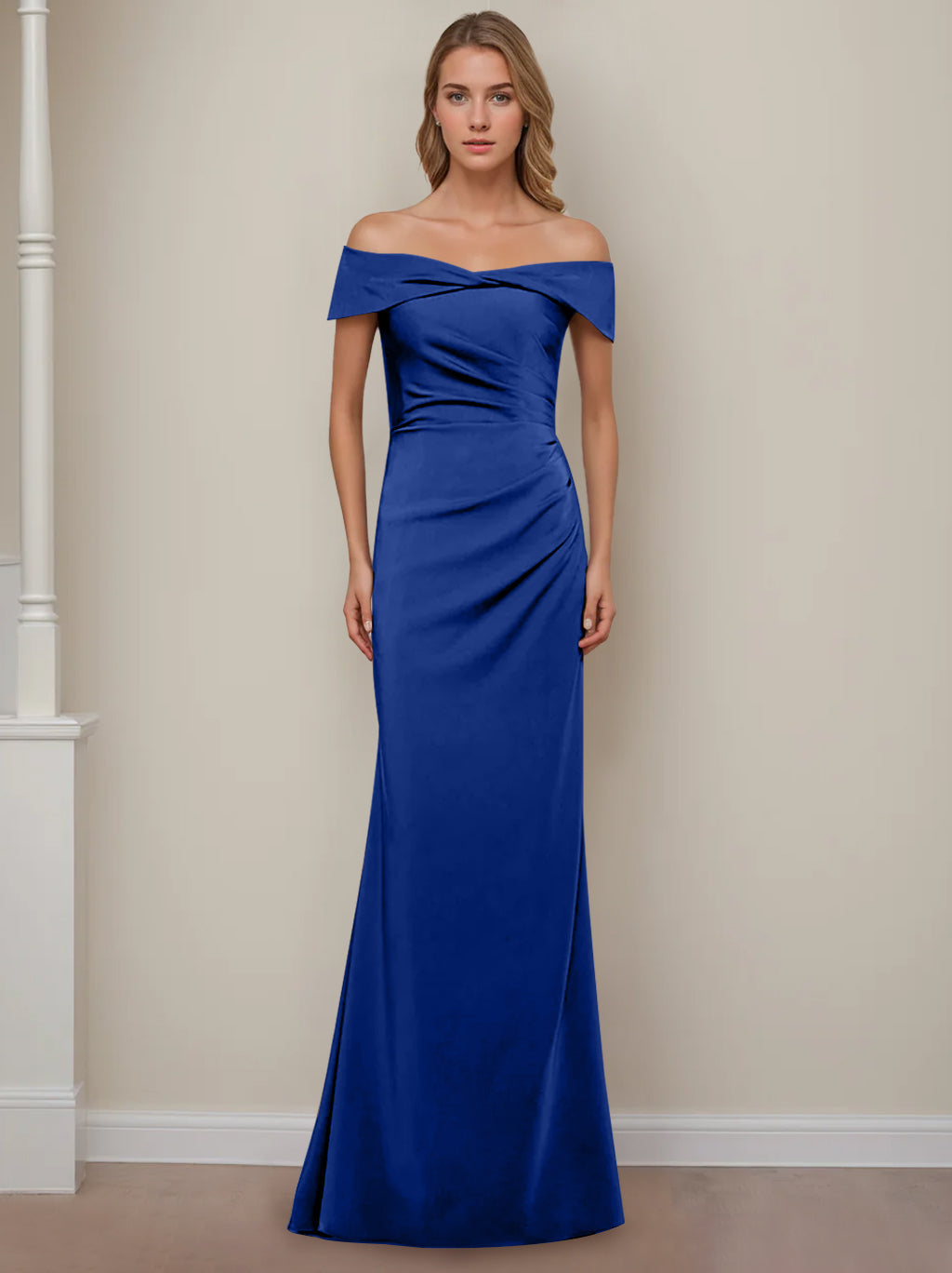 Off the Shoulder Short Sleeve Long Mother of the Bride Dress with Ruffles in Sheath Column Style