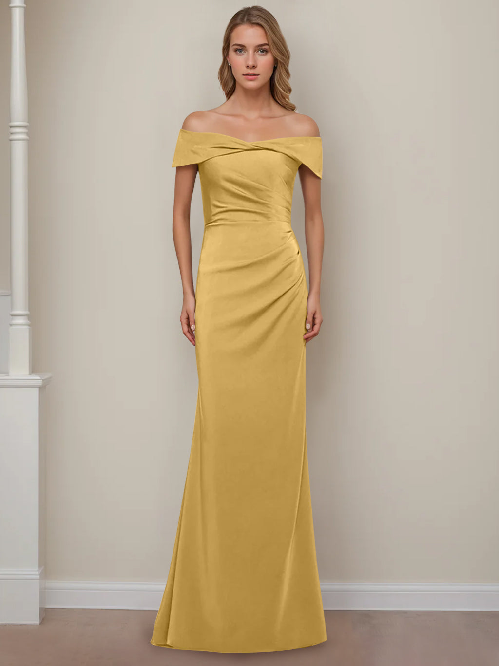 Off the Shoulder Short Sleeve Long Mother of the Bride Dress with Ruffles in Sheath Column Style