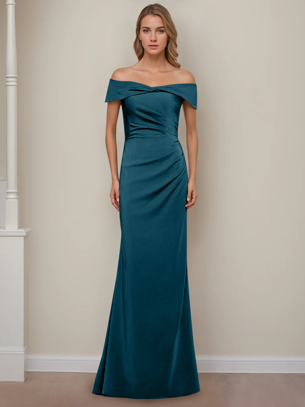 Off the Shoulder Short Sleeve Long Mother of the Bride Dress with Ruffles in Sheath Column Style
