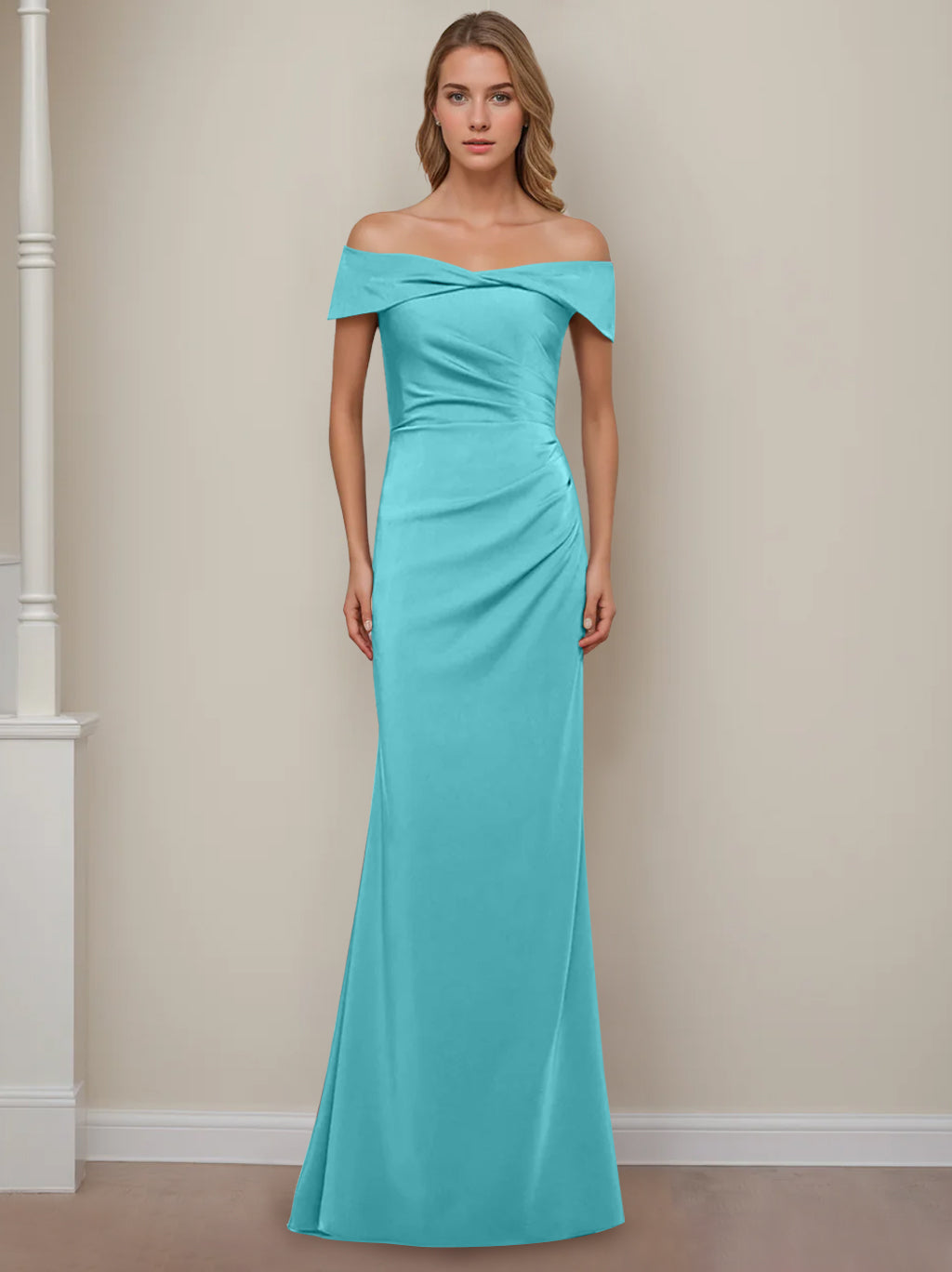 Off the Shoulder Short Sleeve Long Mother of the Bride Dress with Ruffles in Sheath Column Style