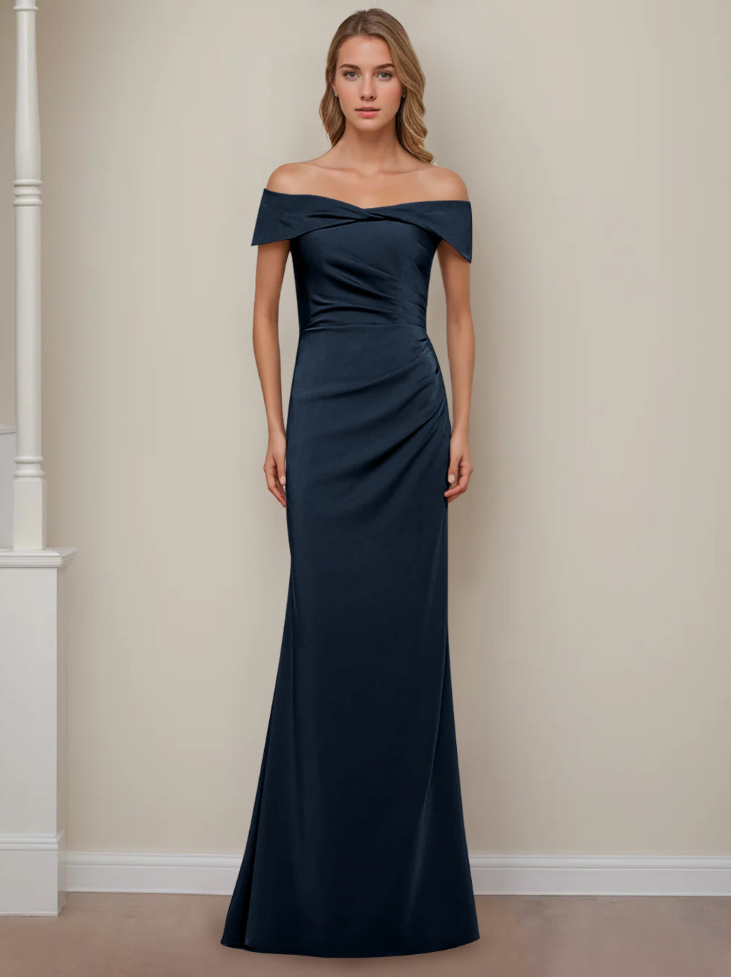 Off the Shoulder Short Sleeve Long Mother of the Bride Dress with Ruffles in Sheath Column Style