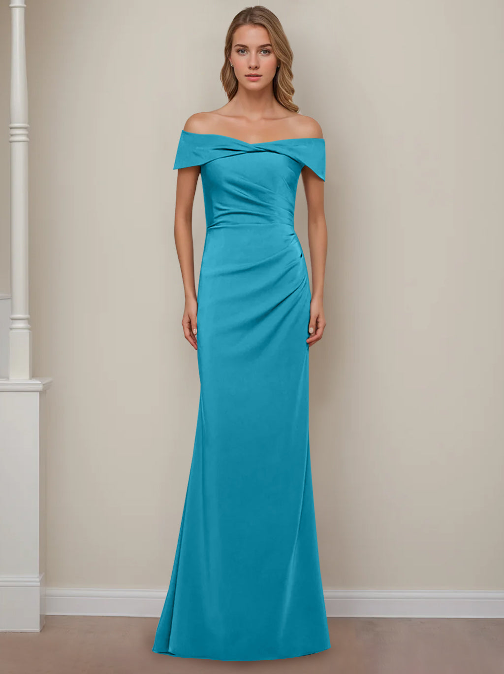 Off the Shoulder Short Sleeve Long Mother of the Bride Dress with Ruffles in Sheath Column Style
