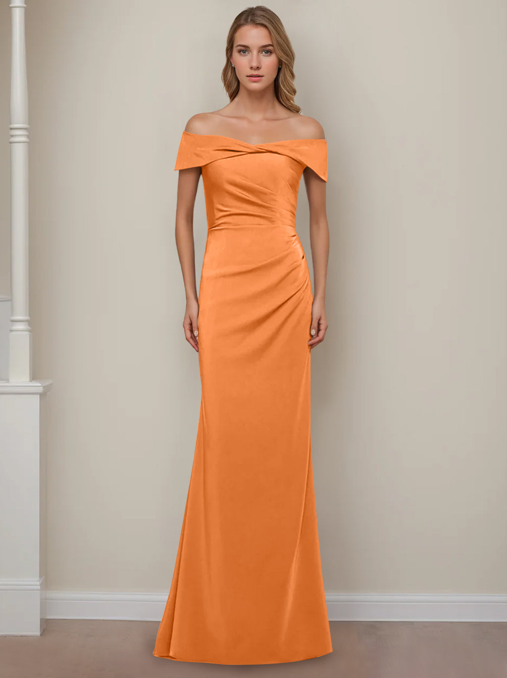 Off the Shoulder Short Sleeve Long Mother of the Bride Dress with Ruffles in Sheath Column Style