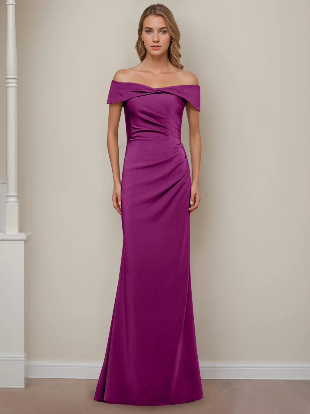 Off the Shoulder Short Sleeve Long Mother of the Bride Dress with Ruffles in Sheath Column Style