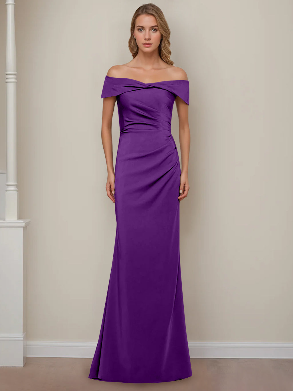 Off the Shoulder Short Sleeve Long Mother of the Bride Dress with Ruffles in Sheath Column Style
