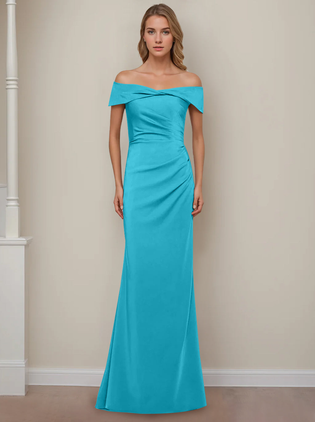 Off the Shoulder Short Sleeve Long Mother of the Bride Dress with Ruffles in Sheath Column Style