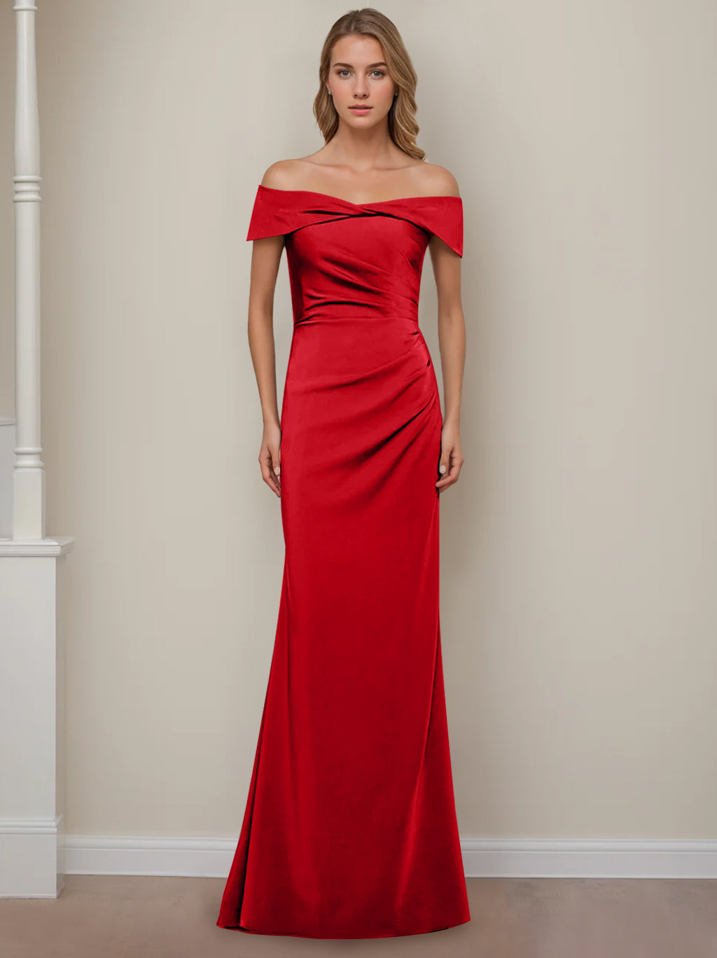 Off the Shoulder Short Sleeve Long Mother of the Bride Dress with Ruffles in Sheath Column Style