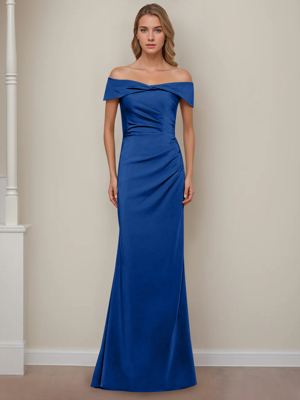 Off the Shoulder Short Sleeve Long Mother of the Bride Dress with Ruffles in Sheath Column Style