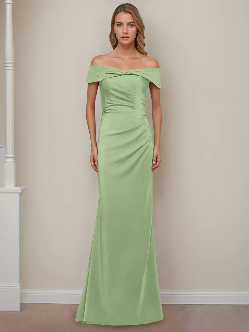 Off the Shoulder Short Sleeve Long Mother of the Bride Dress with Ruffles in Sheath Column Style