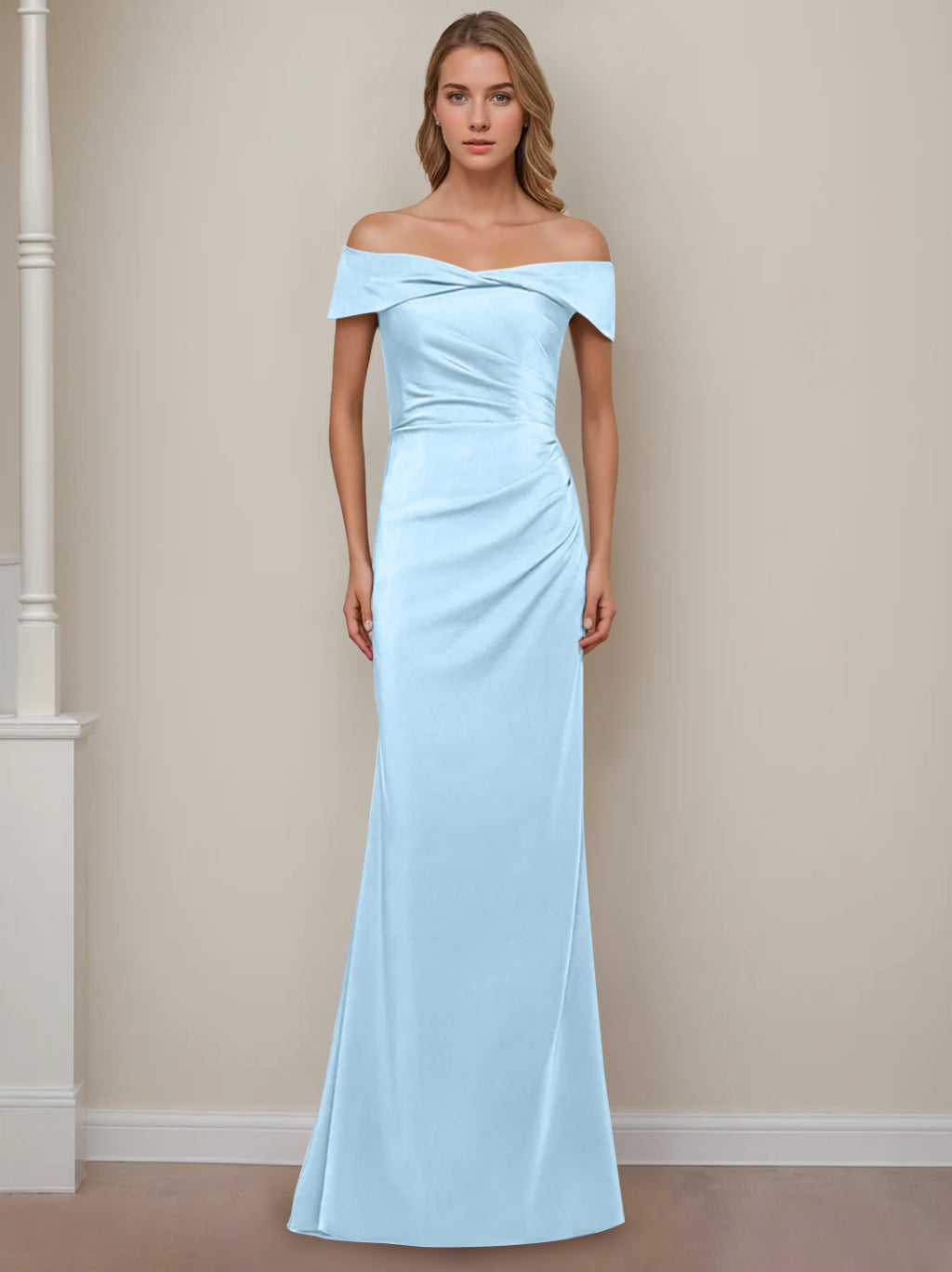 Off the Shoulder Short Sleeve Long Mother of the Bride Dress with Ruffles in Sheath Column Style