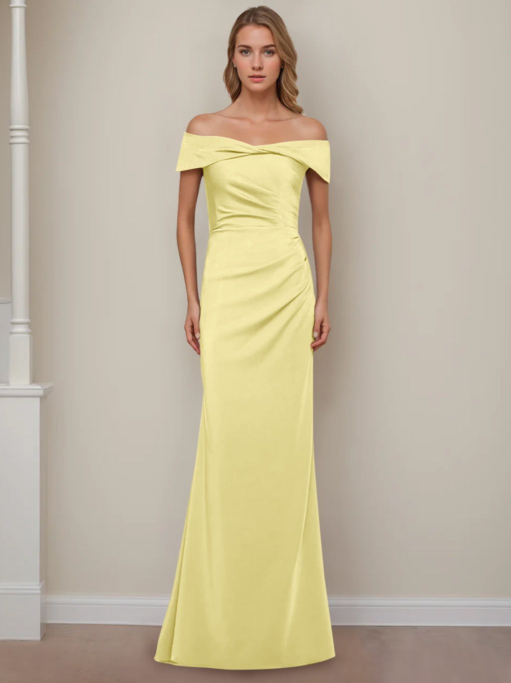 Off the Shoulder Short Sleeve Long Mother of the Bride Dress with Ruffles in Sheath Column Style
