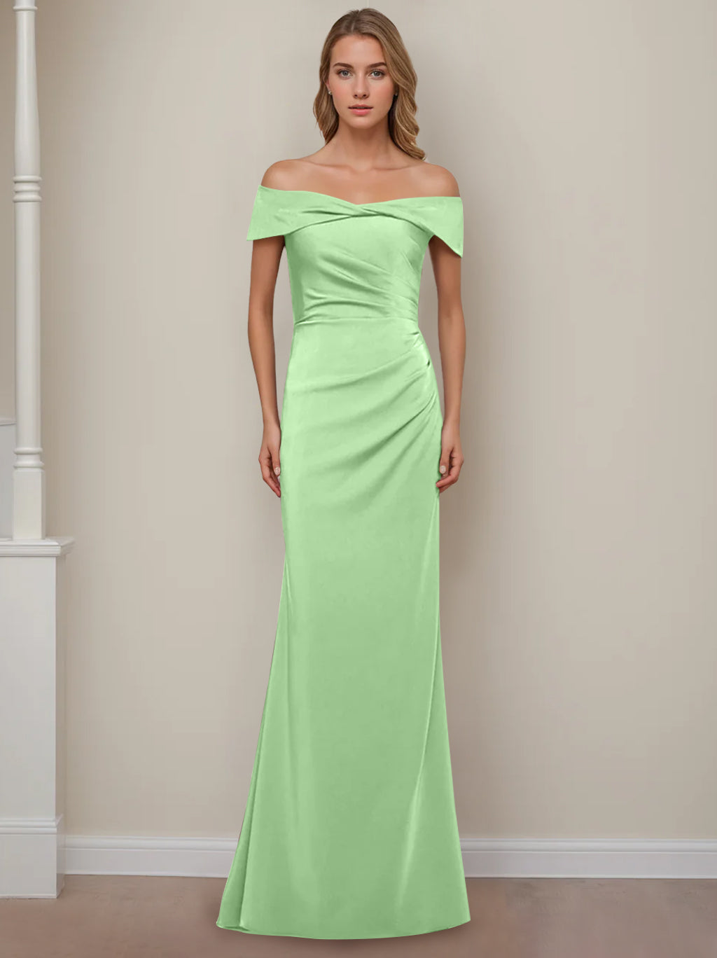 Off the Shoulder Short Sleeve Long Mother of the Bride Dress with Ruffles in Sheath Column Style