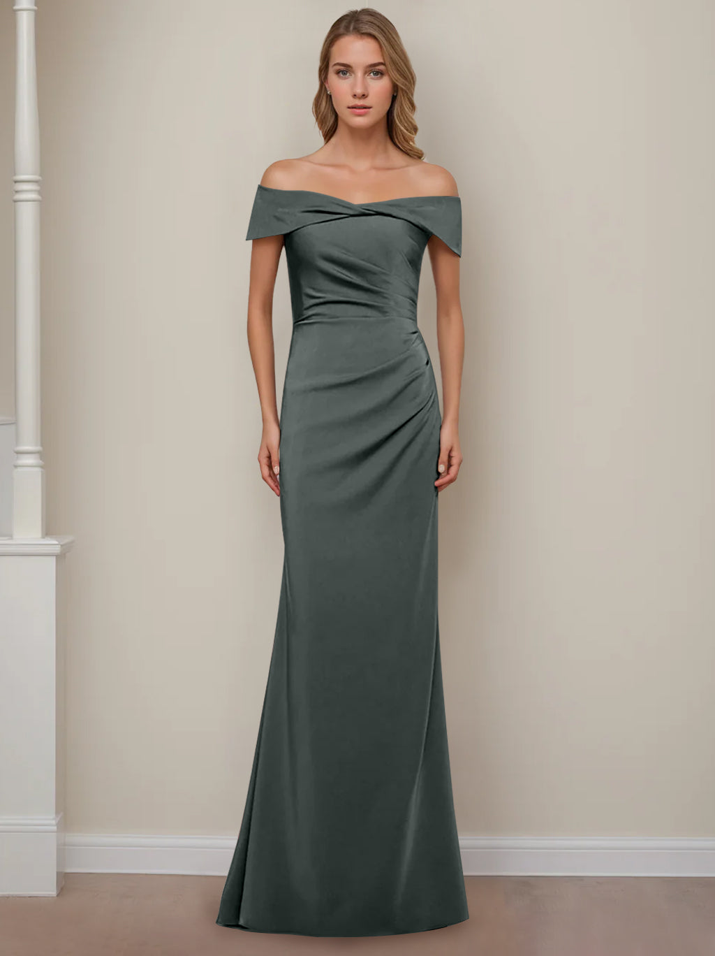 Off the Shoulder Short Sleeve Long Mother of the Bride Dress with Ruffles in Sheath Column Style