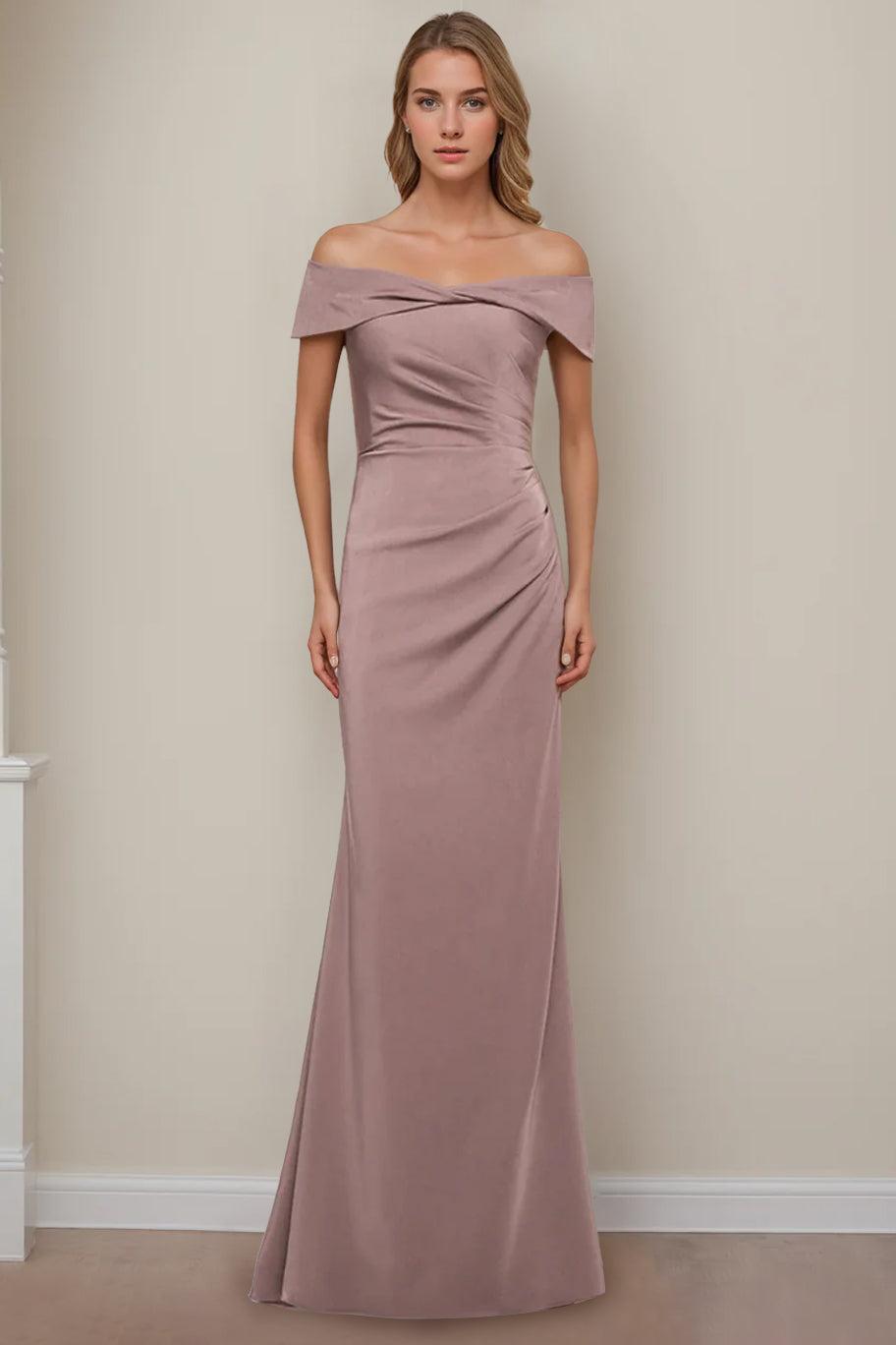 Off the Shoulder Short Sleeve Long Mother of the Bride Dress with Ruffles in Sheath Column Style