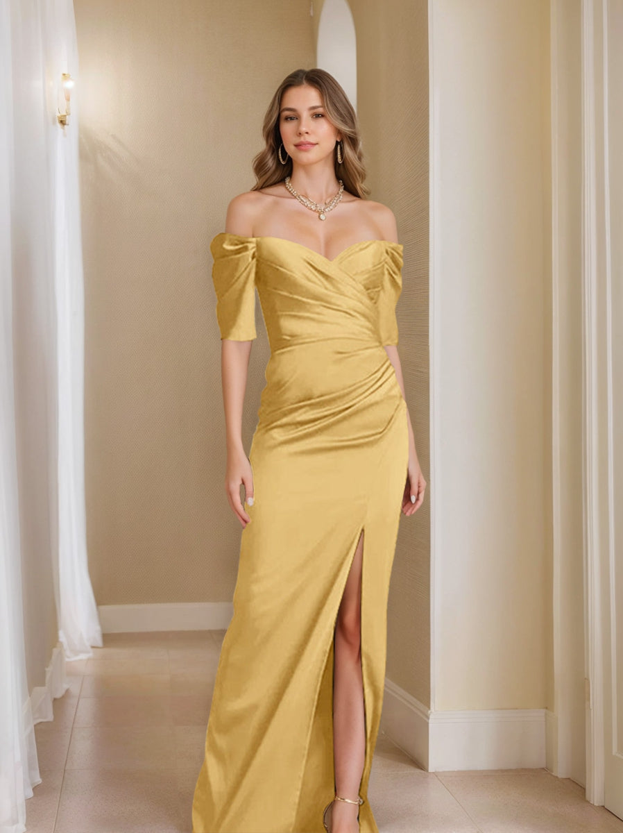 Off the Shoulder Short Sleeve Sheath Column Mother of the Bride Dress With Front Split