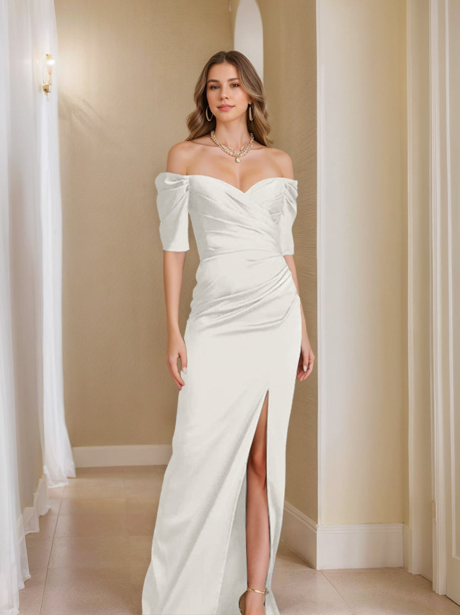 Off the Shoulder Short Sleeve Sheath Column Mother of the Bride Dress With Front Split