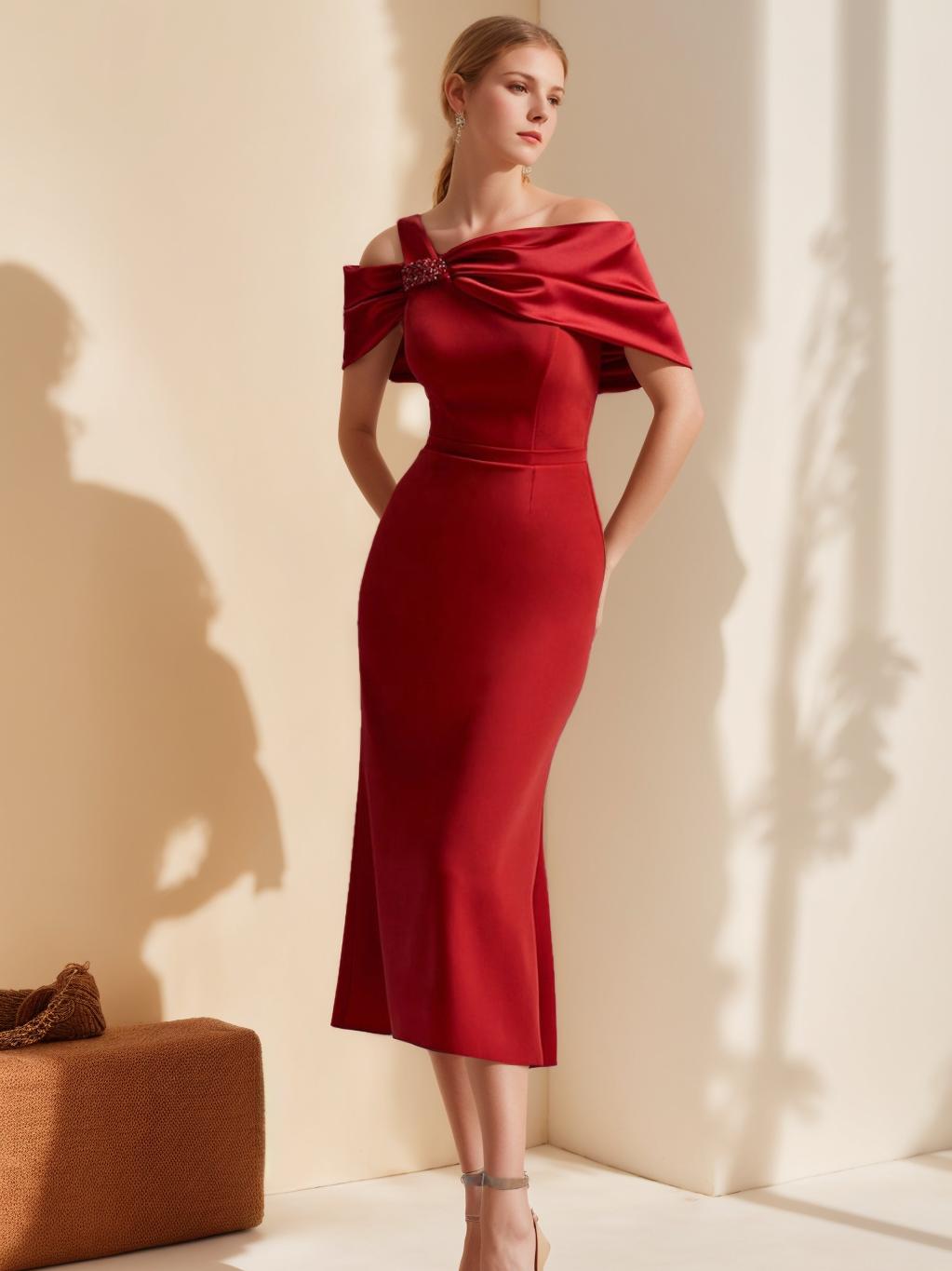 Off the Shoulder Short Sleeve Tea Length Mother of the Bride Sheath Dress