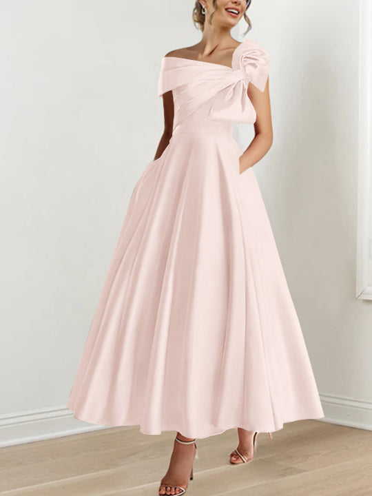 Off the Shoulder Sleeveless A Line Ankle Length Mother of the Bride Dress with Bow(s)