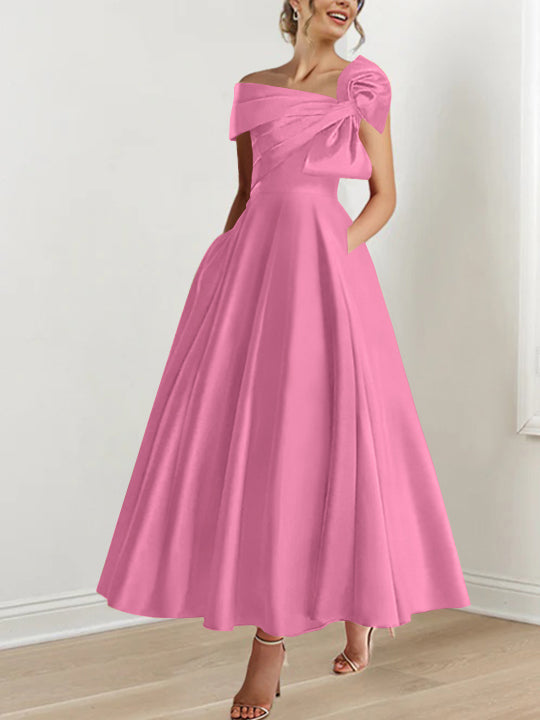 Off the Shoulder Sleeveless A Line Ankle Length Mother of the Bride Dress with Bow(s)