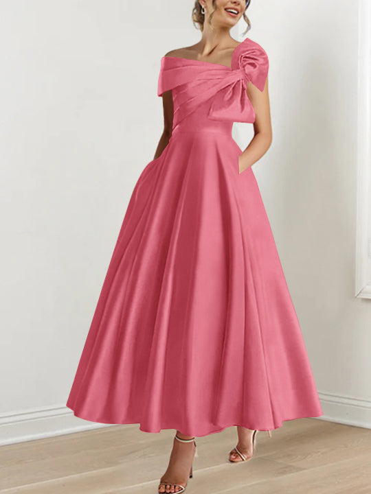 Off the Shoulder Sleeveless A Line Ankle Length Mother of the Bride Dress with Bow(s)