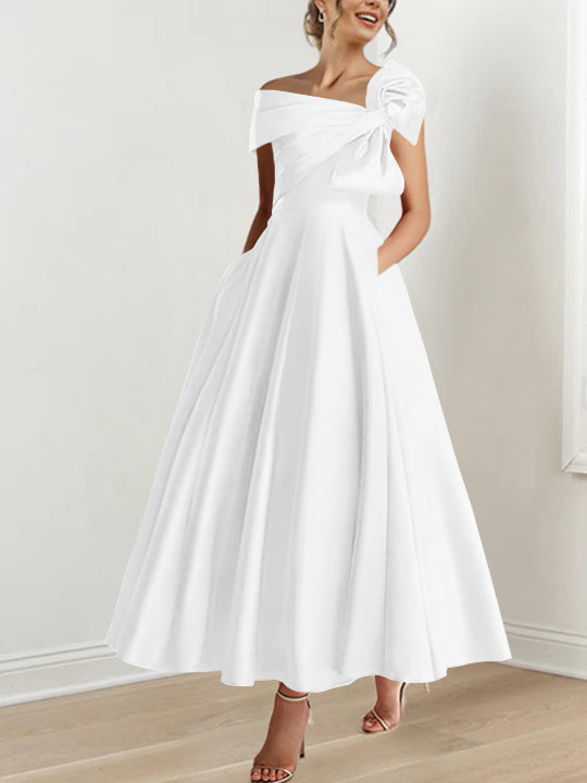 Off the Shoulder Sleeveless A Line Ankle Length Mother of the Bride Dress with Bow(s)