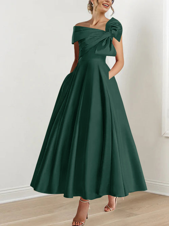 Off the Shoulder Sleeveless A Line Ankle Length Mother of the Bride Dress with Bow(s)