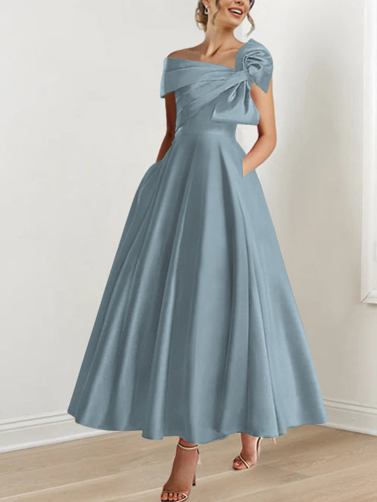 Off the Shoulder Sleeveless A Line Ankle Length Mother of the Bride Dress with Bow(s)