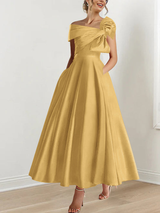Off the Shoulder Sleeveless A Line Ankle Length Mother of the Bride Dress with Bow(s)