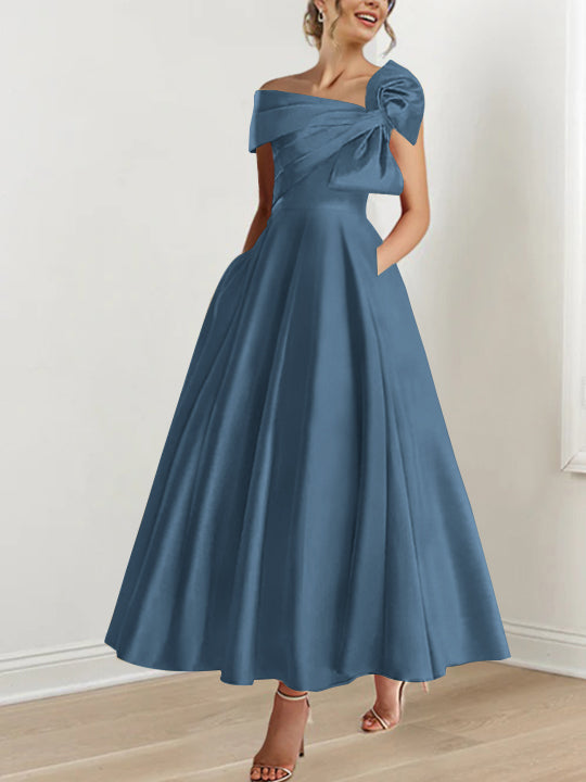 Off the Shoulder Sleeveless A Line Ankle Length Mother of the Bride Dress with Bow(s)