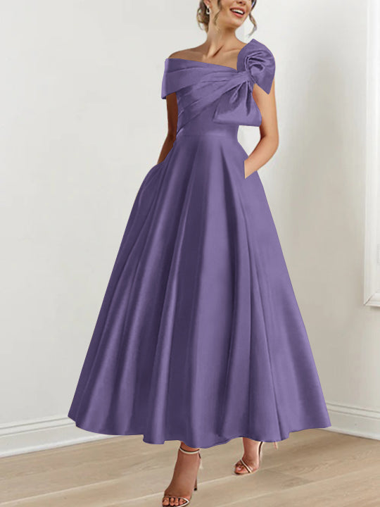 Off the Shoulder Sleeveless A Line Ankle Length Mother of the Bride Dress with Bow(s)