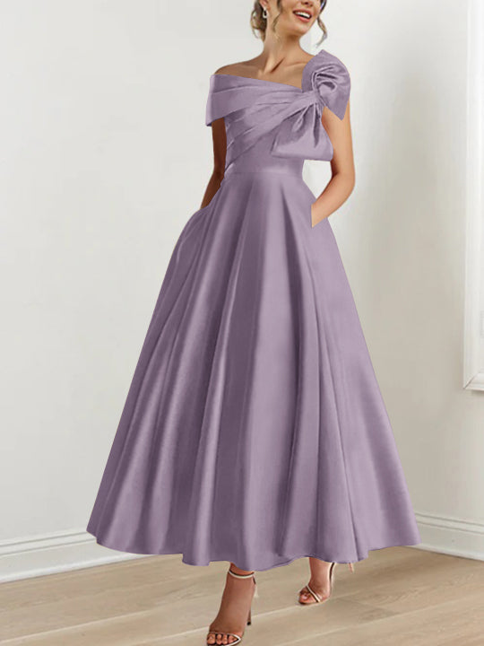 Off the Shoulder Sleeveless A Line Ankle Length Mother of the Bride Dress with Bow(s)