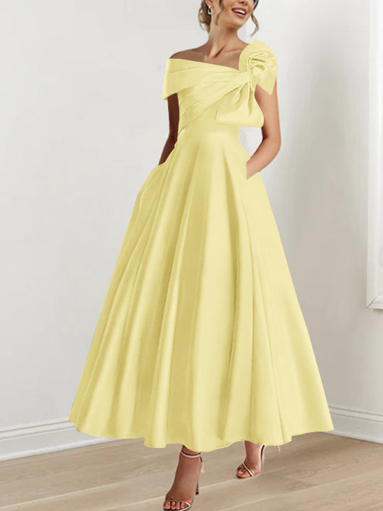 Off the Shoulder Sleeveless A Line Ankle Length Mother of the Bride Dress with Bow(s)