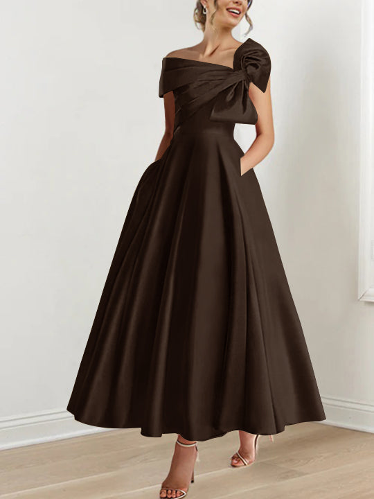 Off the Shoulder Sleeveless A Line Ankle Length Mother of the Bride Dress with Bow(s)
